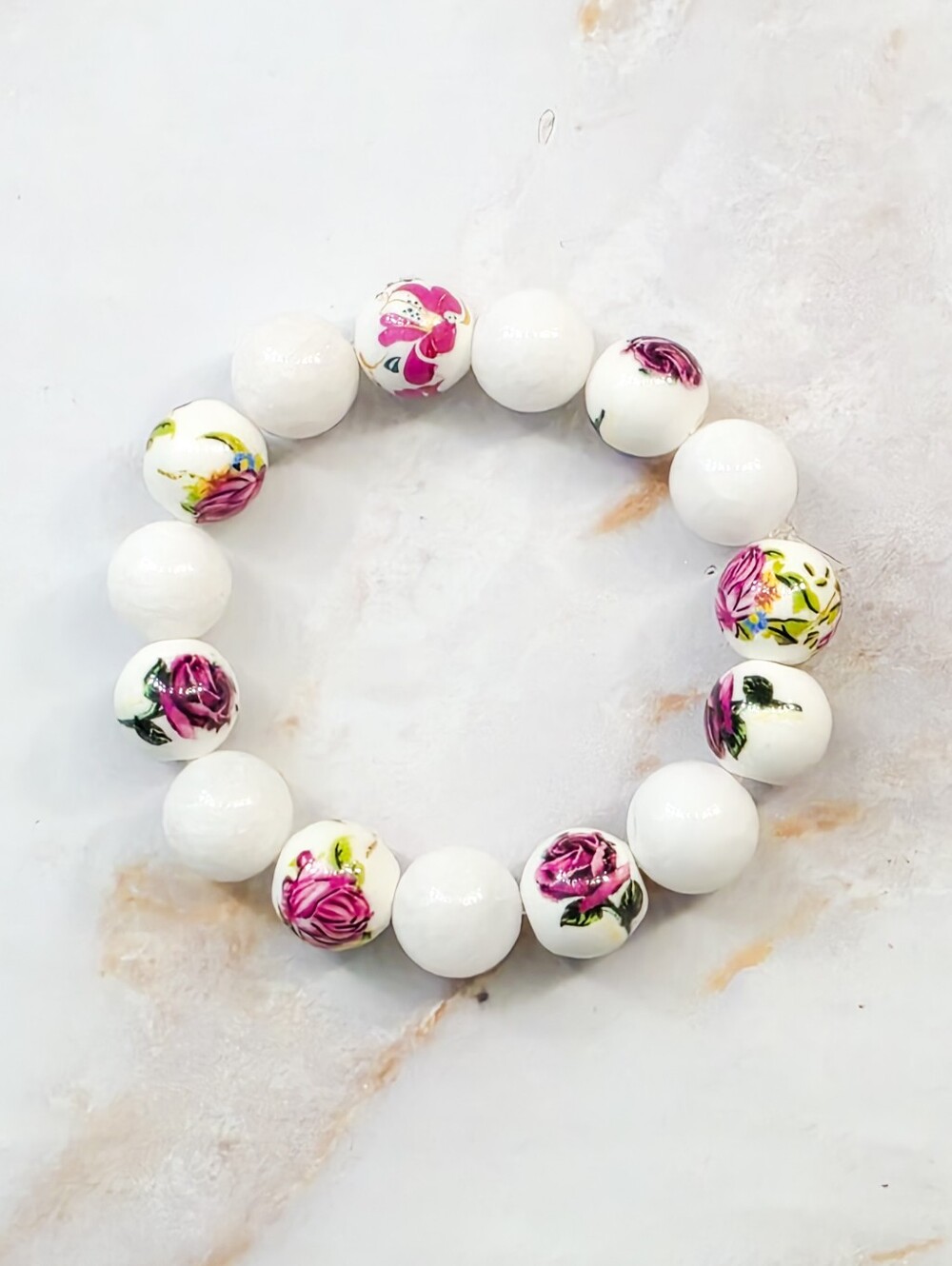 ​Floral Porcelain Rose Bead Bracelet Romantic White Stretch Bracelet
